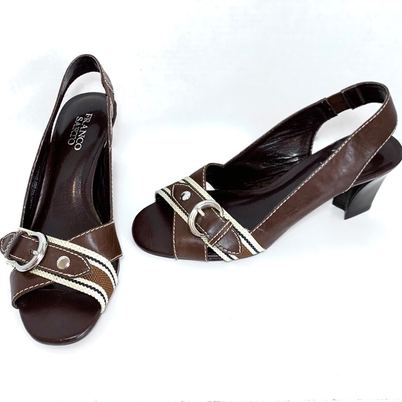 Franco Sarto Brown Leather Canvas Striped SlingBacks - Picture 1 of 8